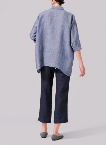 Two Tone Denim Linen Oversized Straight-Cut Shirt