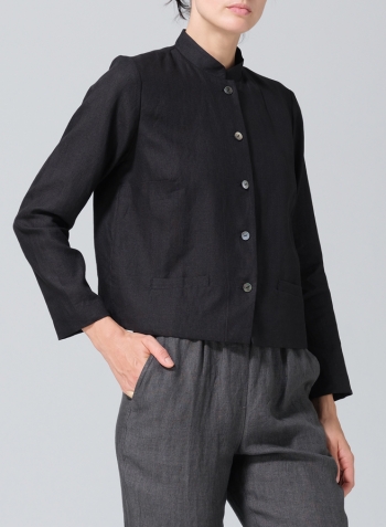 Black Linen Stand Collar Cropped Jacket