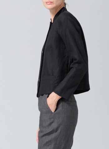 Black Linen Stand Collar Cropped Jacket