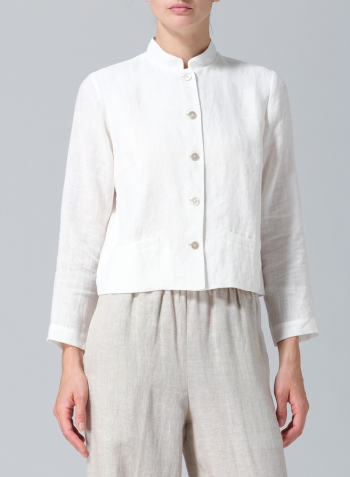 Soft White Linen Stand Collar Cropped Jacket