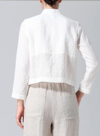 Soft White Linen Stand Collar Cropped Jacket