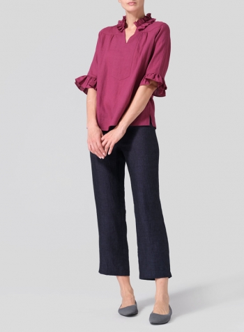 Red Violet Linen Ruffle Stand Collar Top