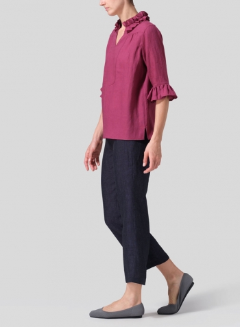 Red Violet Linen Ruffle Stand Collar Top