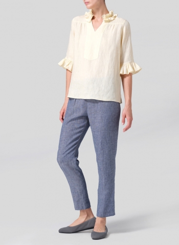 Lemon Chiffon Linen Ruffle Stand Collar Top