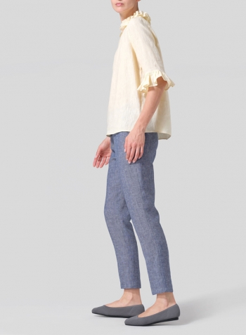 Lemon Chiffon Linen Ruffle Stand Collar Top