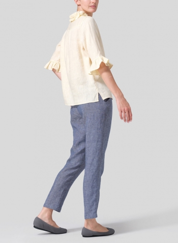 Lemon Chiffon Linen Ruffle Stand Collar Top