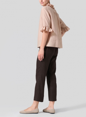 Beige Linen Ruffle Stand Collar Top