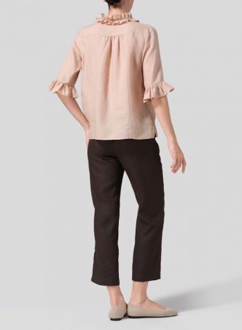 Beige Linen Ruffle Stand Collar Top