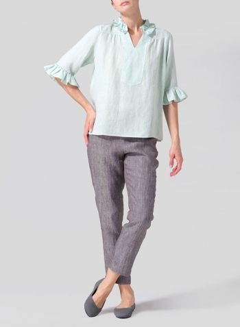 Soft Light Green Linen Ruffle Stand Collar Top