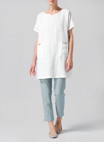 Ivory White Linen Sweetheart Neckline S/S Tunics