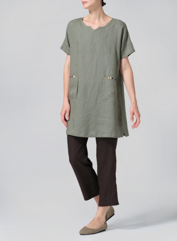 Dark Khaki Linen Sweetheart Neckline S/S Tunics