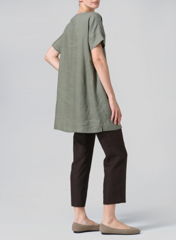 Dark Khaki Linen Sweetheart Neckline S/S Tunics