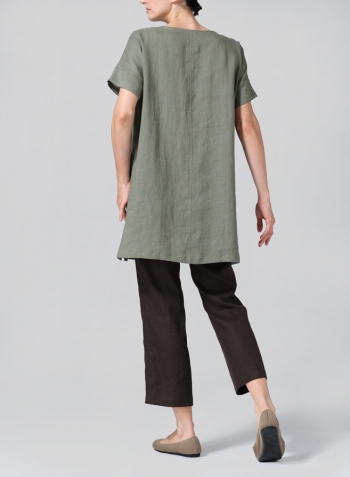 Dark Khaki Linen Sweetheart Neckline S/S Tunics