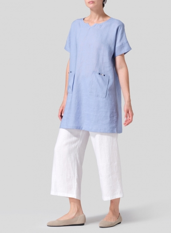 Sky Blue Linen Sweetheart Neckline S/S Tunics