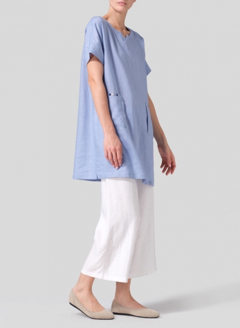 Sky Blue Linen Sweetheart Neckline S/S Tunics