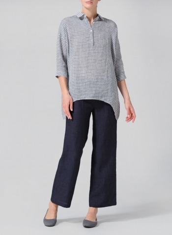 Blue White Weave Linen Oversized Straight-Cut Shirt