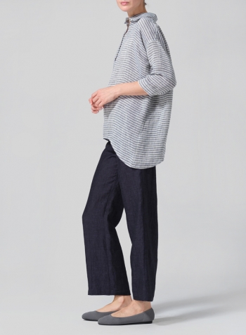 Blue White Weave Linen Oversized Straight-Cut Shirt