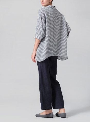 Blue White Weave Linen Oversized Straight-Cut Shirt