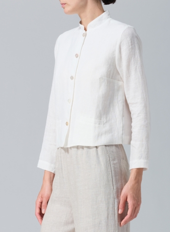 Soft White Linen Stand Collar Cropped Jacket