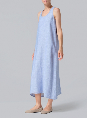 Cornflower Blue Linen Layering A-line Maxi Dress