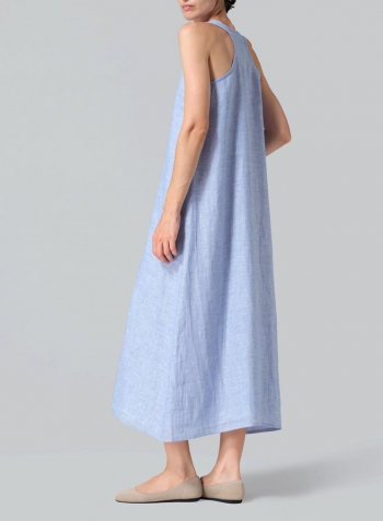 Cornflower Blue Linen Layering A-line Maxi Dress