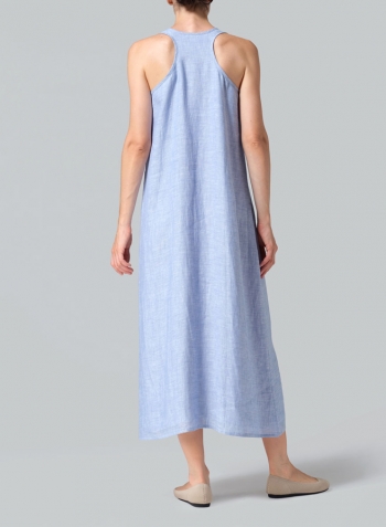 Cornflower Blue Linen Layering A-line Maxi Dress