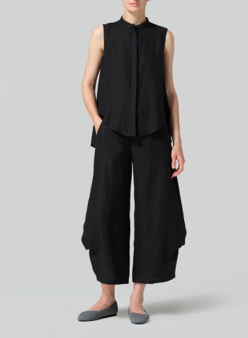 Black Linen A-line Sleeveless Top with Mandarin Collar Set