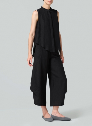 Black Linen A-line Sleeveless Top with Mandarin Collar Set