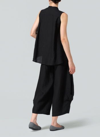 Black Linen A-line Sleeveless Top with Mandarin Collar Set