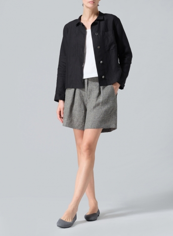 Black Linen Cropped Shirt Jacket with Pockets Set