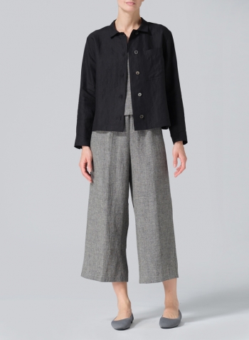 Black Linen Cropped Shirt Jacket with Pockets