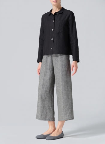 Black Linen Cropped Shirt Jacket with Pockets