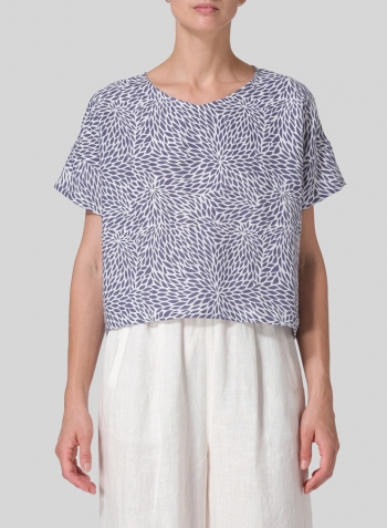 Blue White Pattern Linen Round Neck Box Top