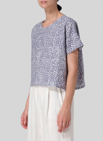 Blue White Pattern Linen Round Neck Box Top