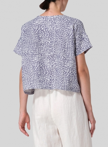 Blue White Pattern Linen Round Neck Box Top