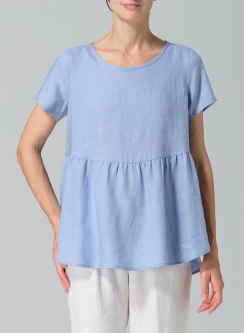 Cerulean Blue Linen Short Sleeve Pleated Blouse