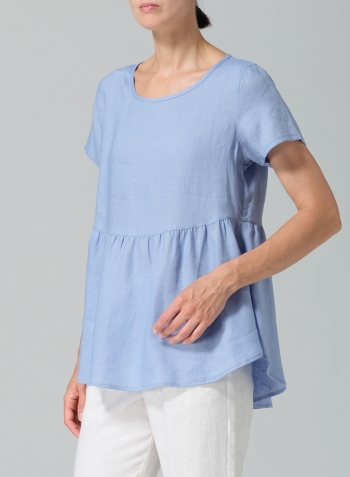 Cerulean Blue Linen Short Sleeve Pleated Blouse