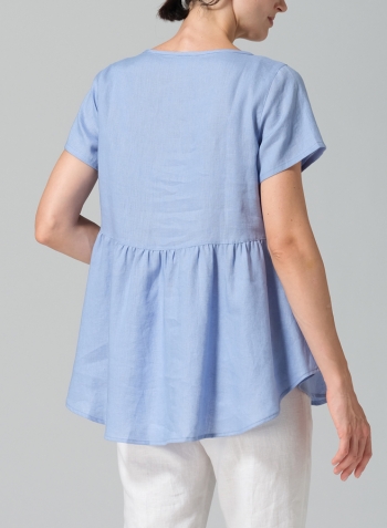 Cerulean Blue Linen Short Sleeve Pleated Blouse