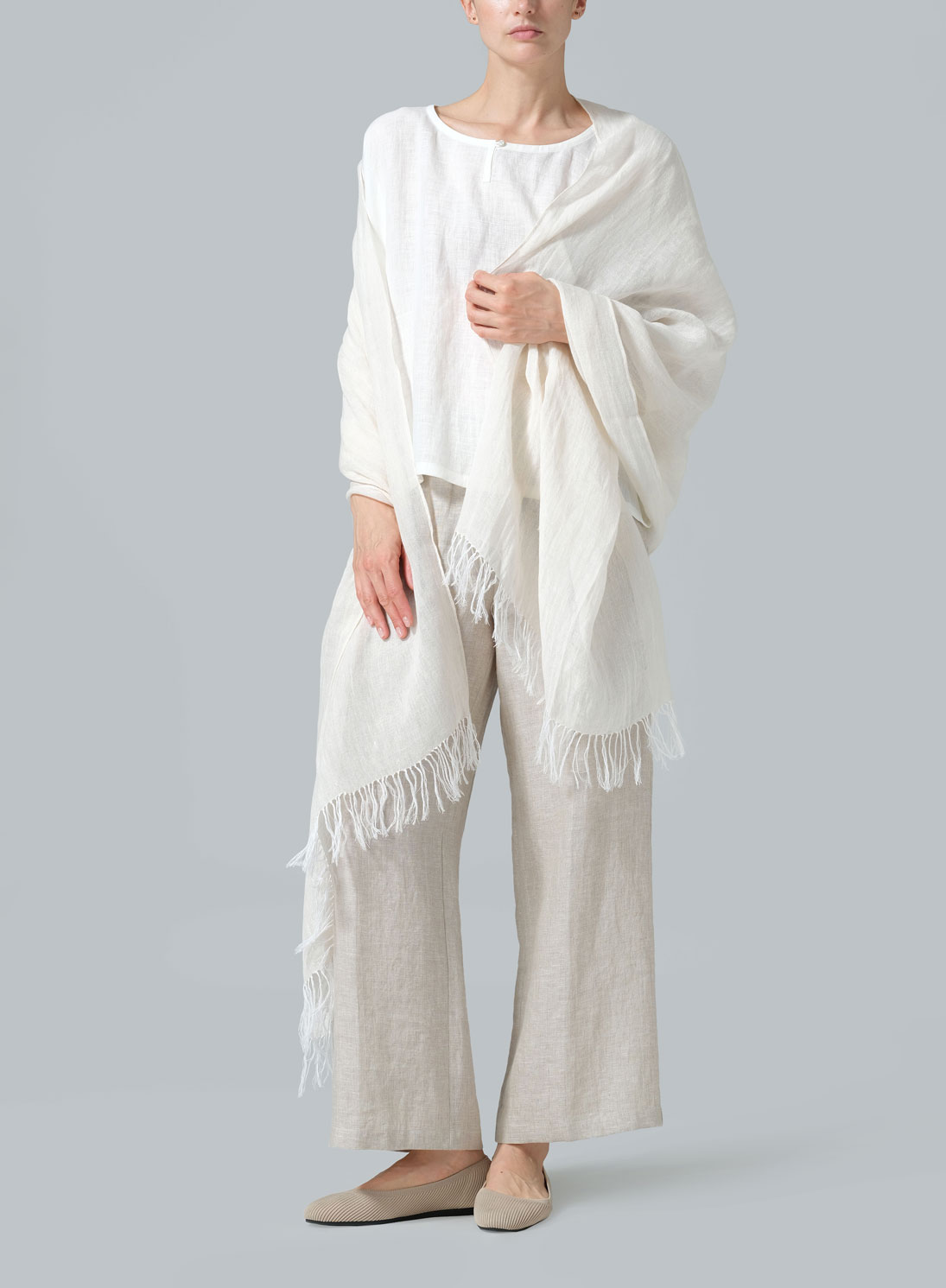 Linen Hand-crafted Beige Long Scarf