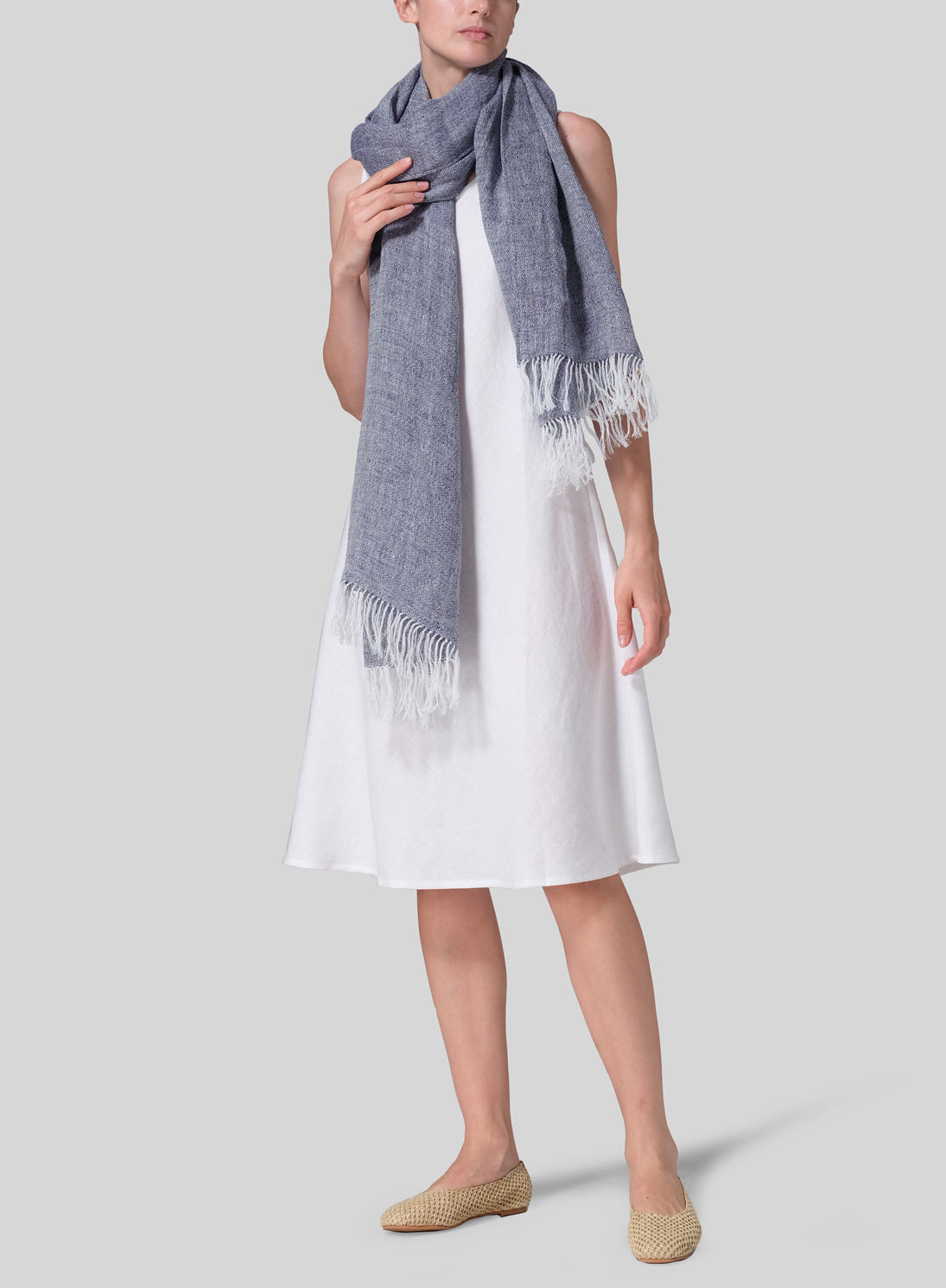 Linen Hand-crafted Two Tone Blue Long Scarf