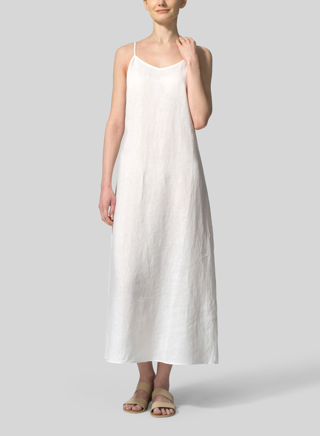 White linen spaghetti 2025 strap dress