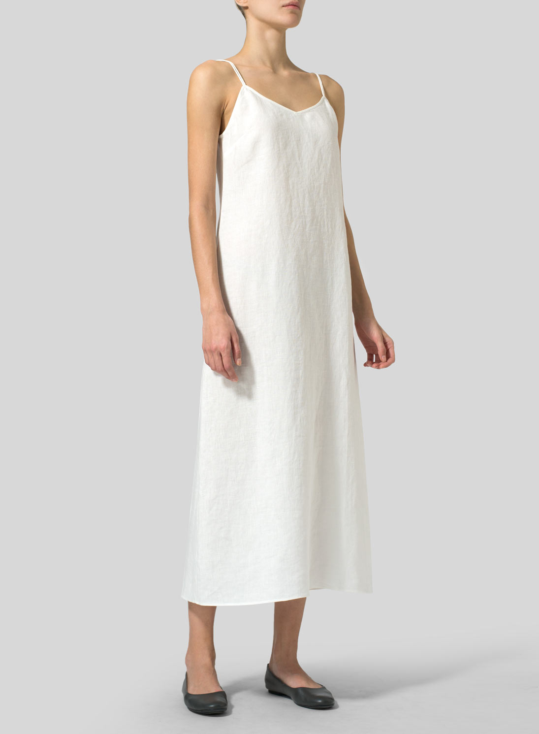 Soft White Linen Sleeveless Long Dress - Plus Size