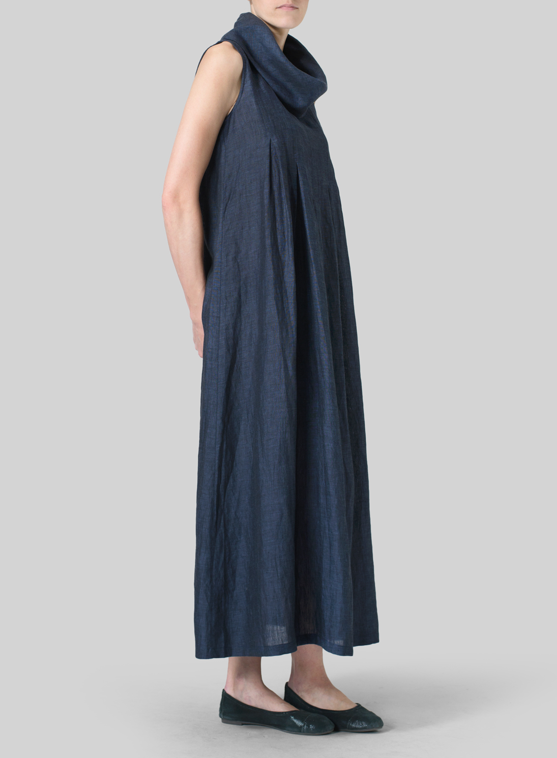 Denim Blue Linen Sleeveless Cowl Neck Long Dress