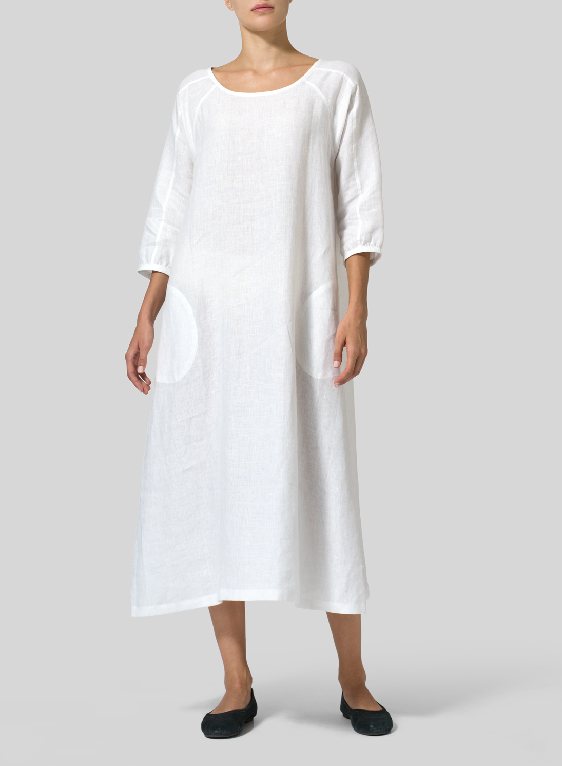 Linen Elbow Sleeve Long Dress - Plus Size