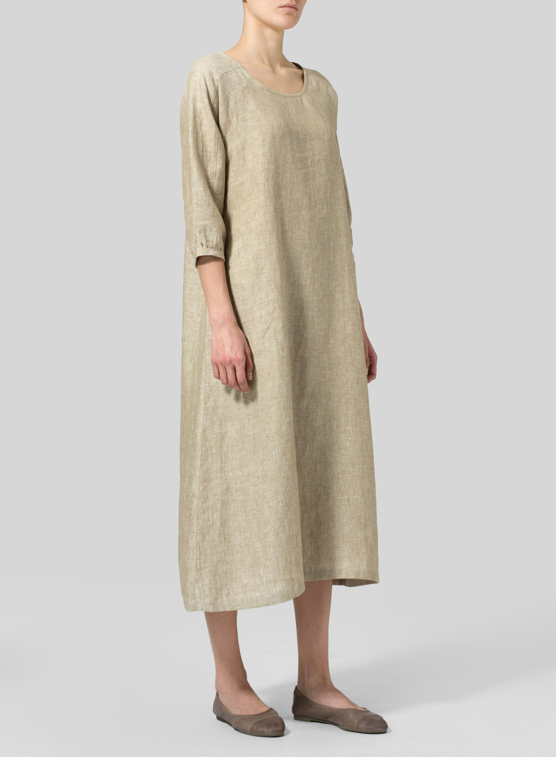 Linen Elbow Sleeve Long Dress - Plus Size