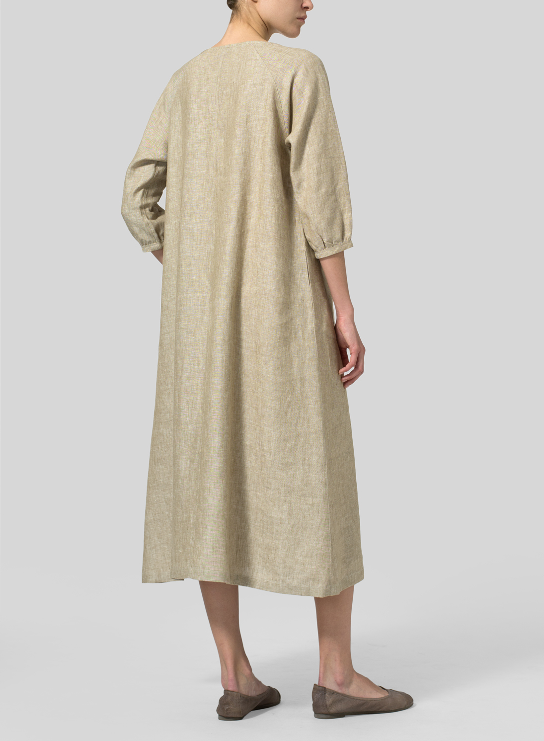 Linen Elbow Sleeve Long Dress - Plus Size