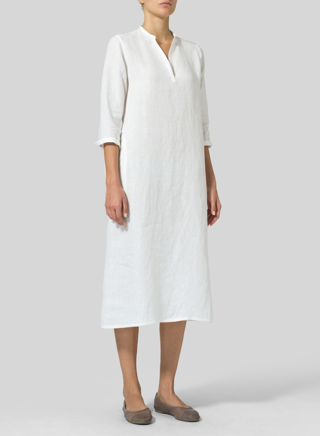 White Linen Vneck Mandarin Collar Dress Tunic