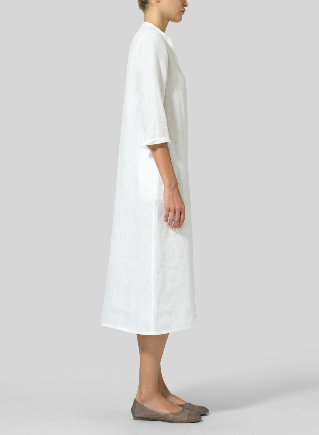 White Linen V-neck Mandarin Collar Dress Tunic - Plus Size