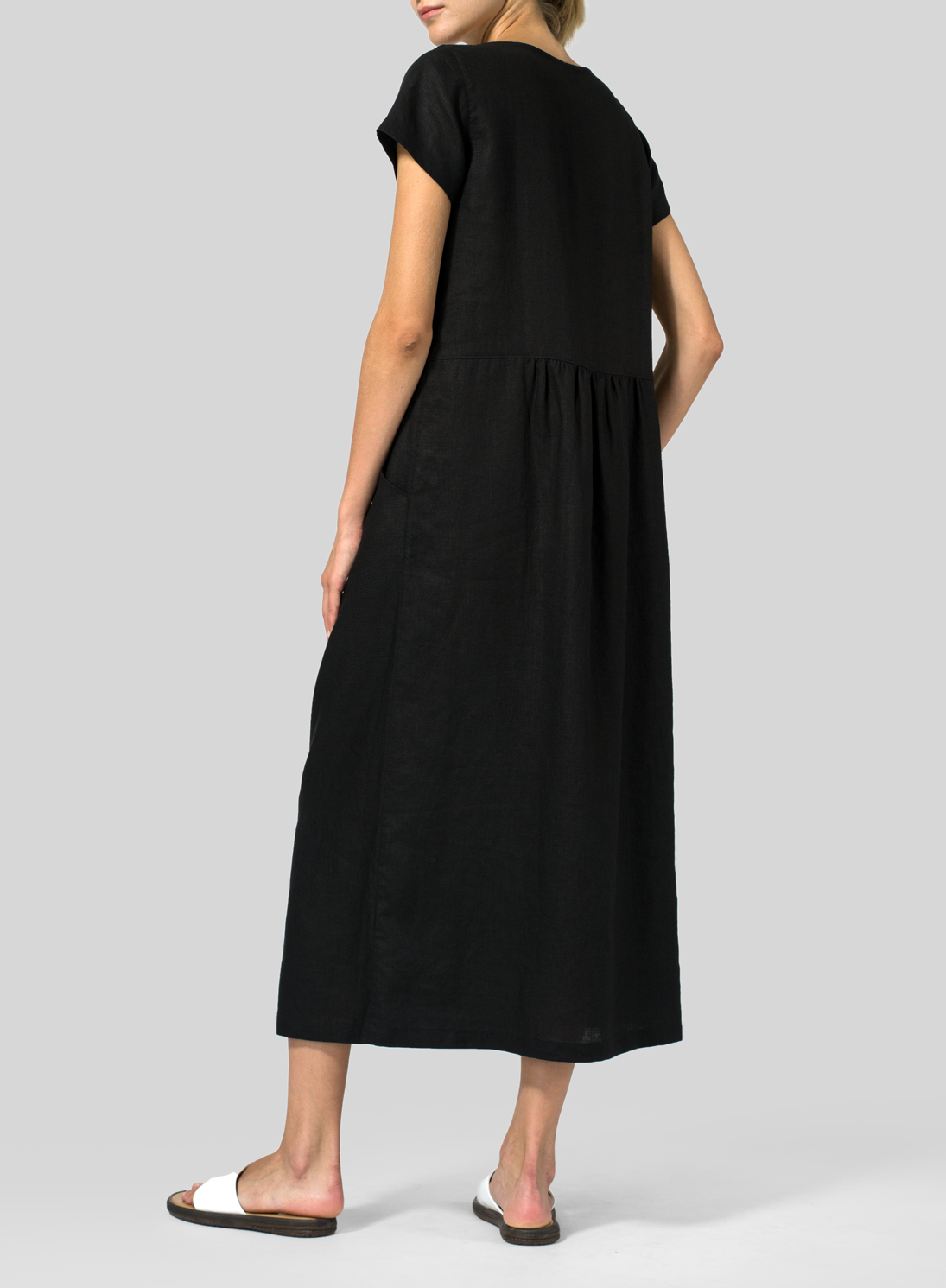 Black Linen Short Sleeve Midi Dress