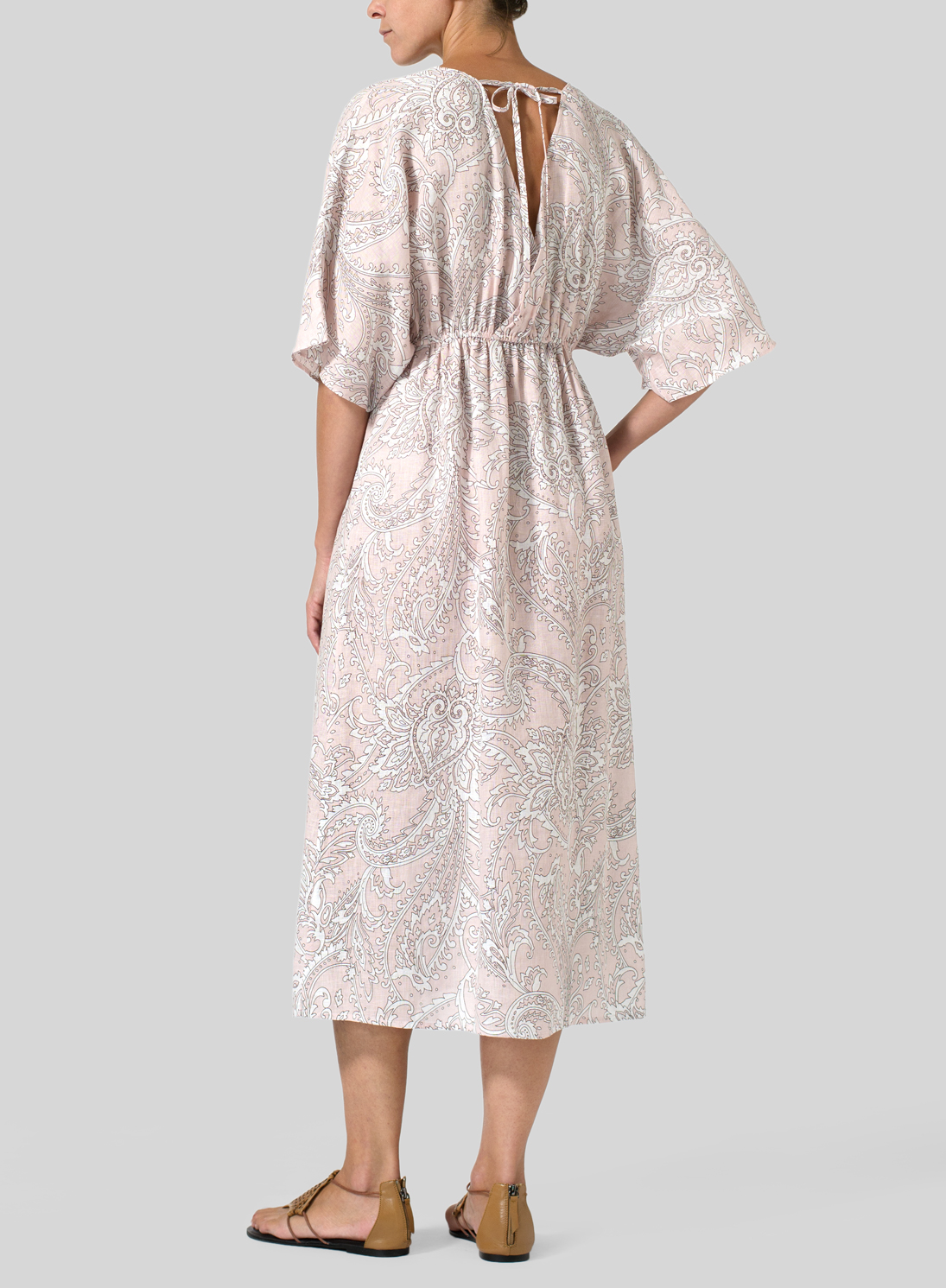 Linen Printed V-Neck Dolman Sleeves Dress - Plus Size
